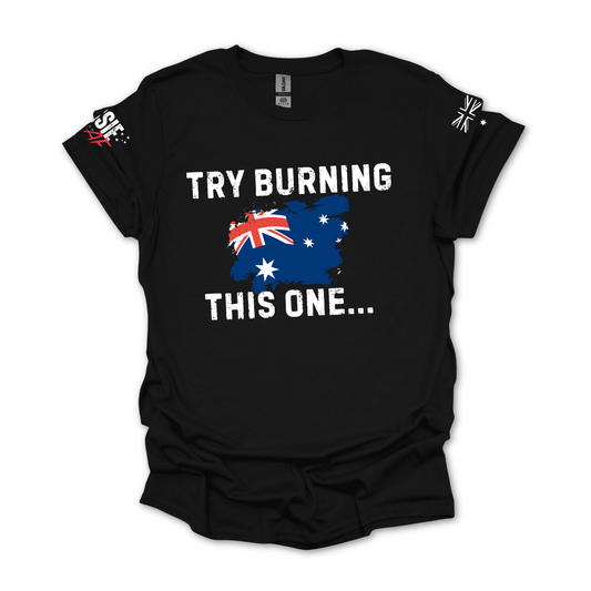 Try Burning This One Aussie Flag T-Shirt with Sleeve Printing
