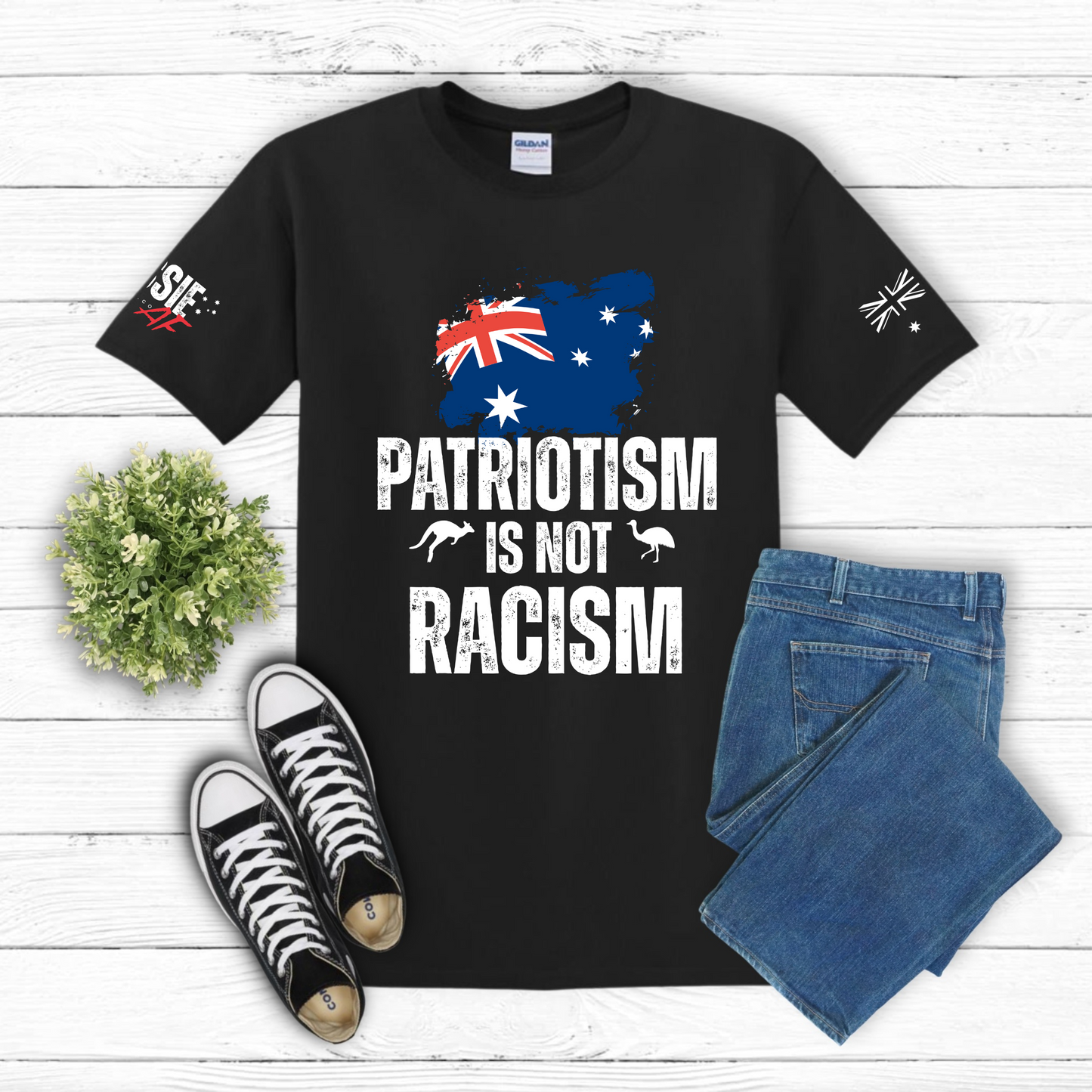 Patriotism Is Not Racism Aussie Flag T-Shirt with Sleeve Printing