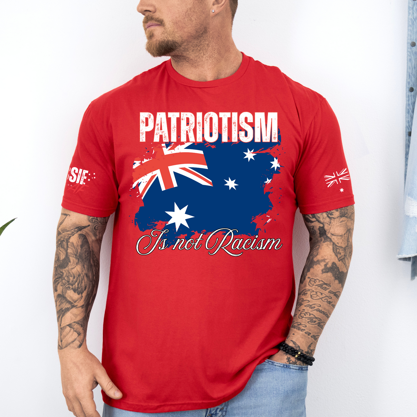 Patriotism is not Racism Australian Flag Patriot Unisex T-Shirt with Sleeve Printing