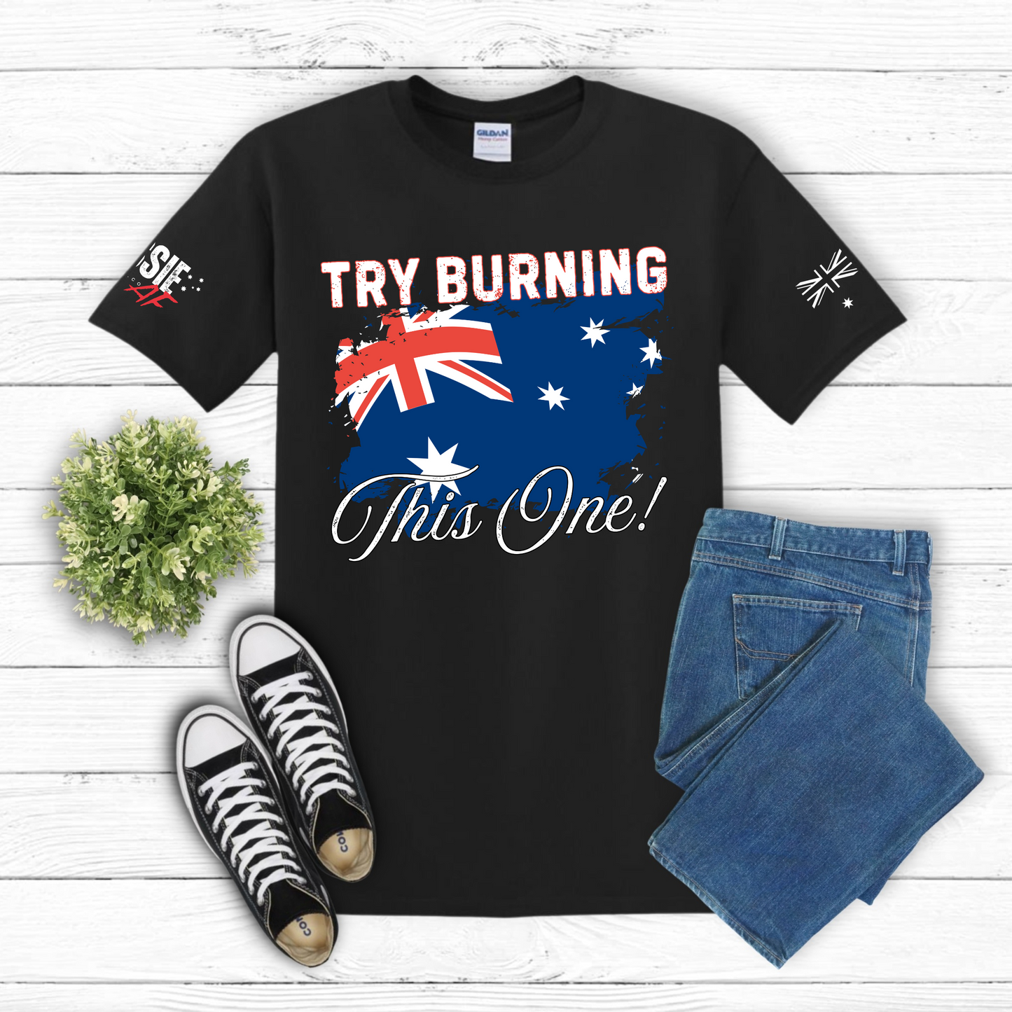 Try Burning This One Australian Flag Patriot Unisex T-Shirt with Sleeve Printing