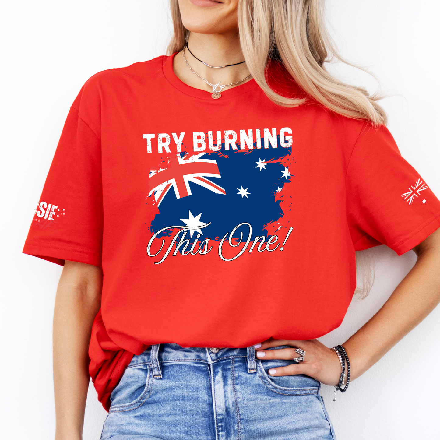 Try Burning This One Australian Flag Patriot Unisex T-Shirt with Sleeve Printing