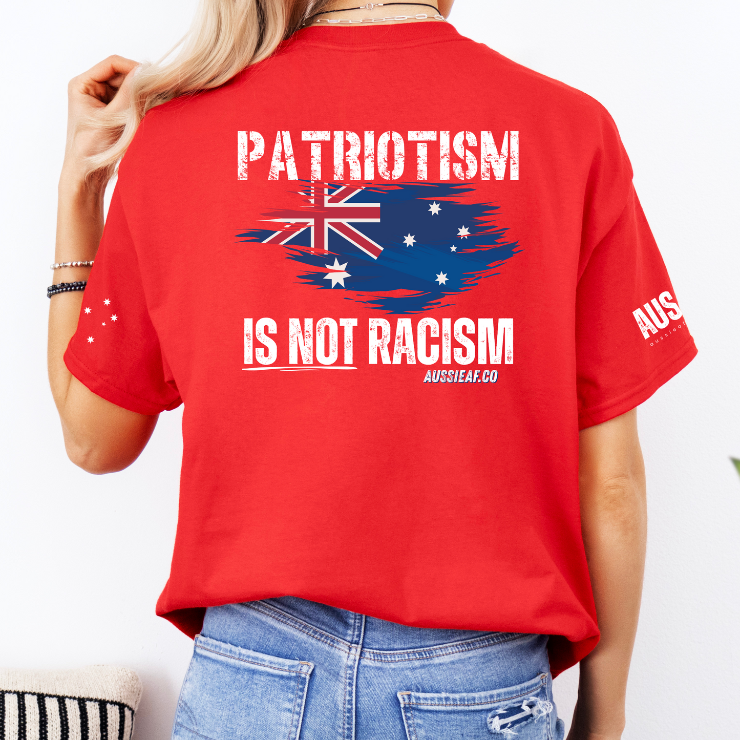 Patriotism Is Not Racism Aussie Flag Unisex T-Shirt with BACK & Sleeve Printing