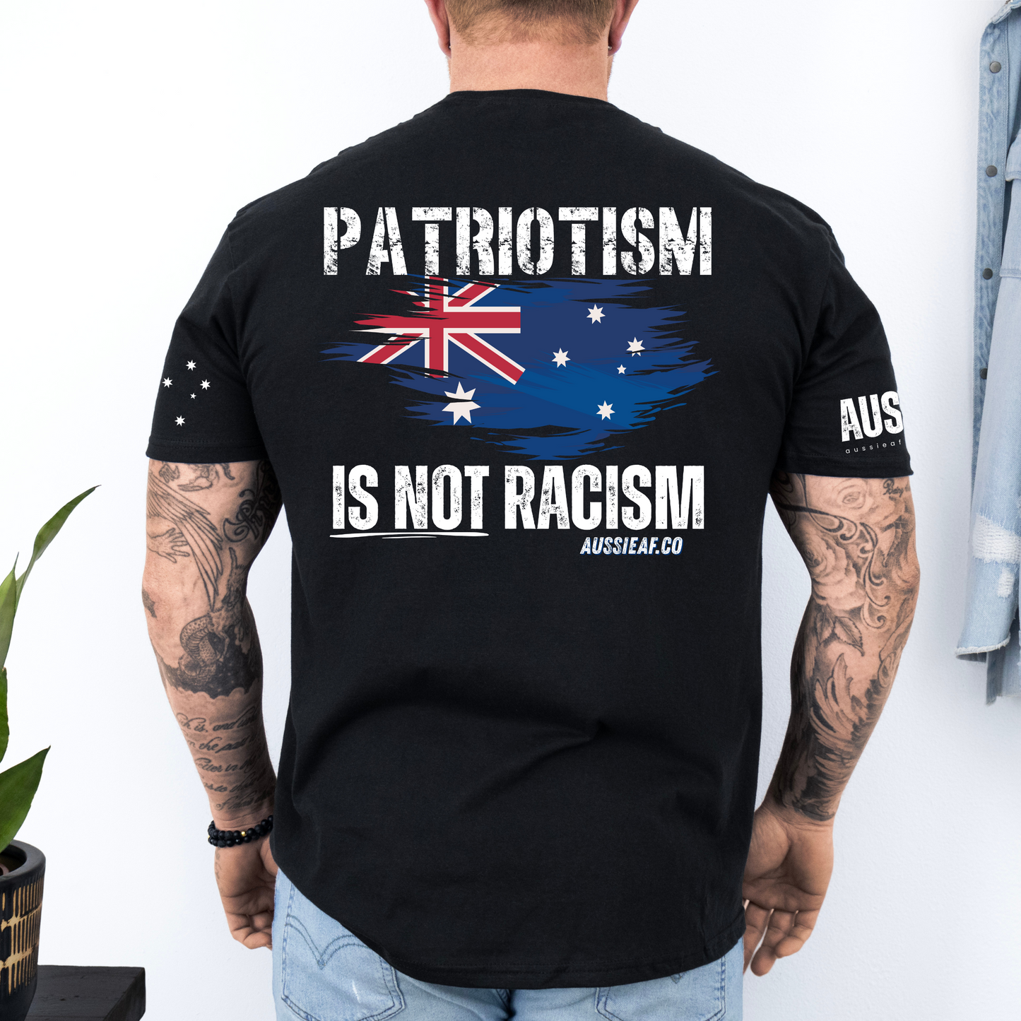 Patriotism Is Not Racism Aussie Flag Unisex T-Shirt with BACK & Sleeve Printing
