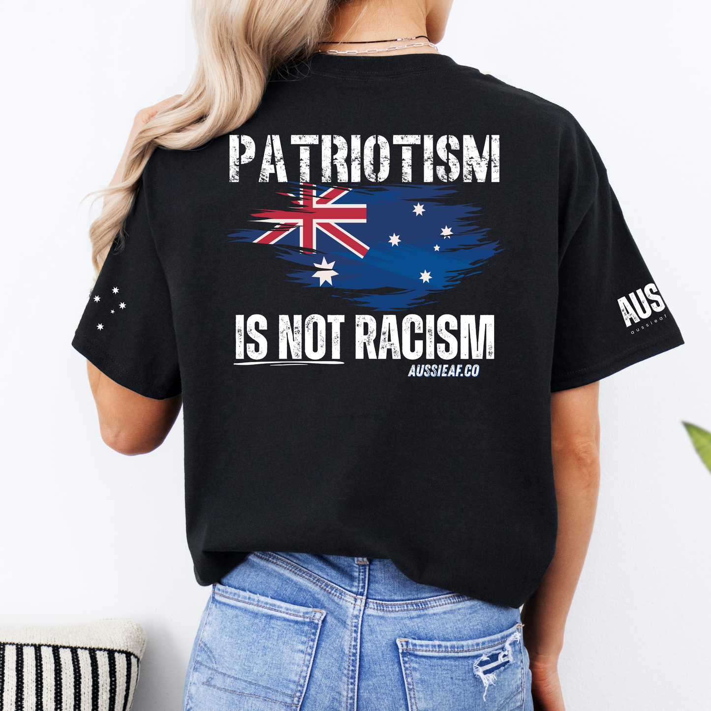 Patriotism Is Not Racism Aussie Flag Unisex T-Shirt with BACK & Sleeve Printing