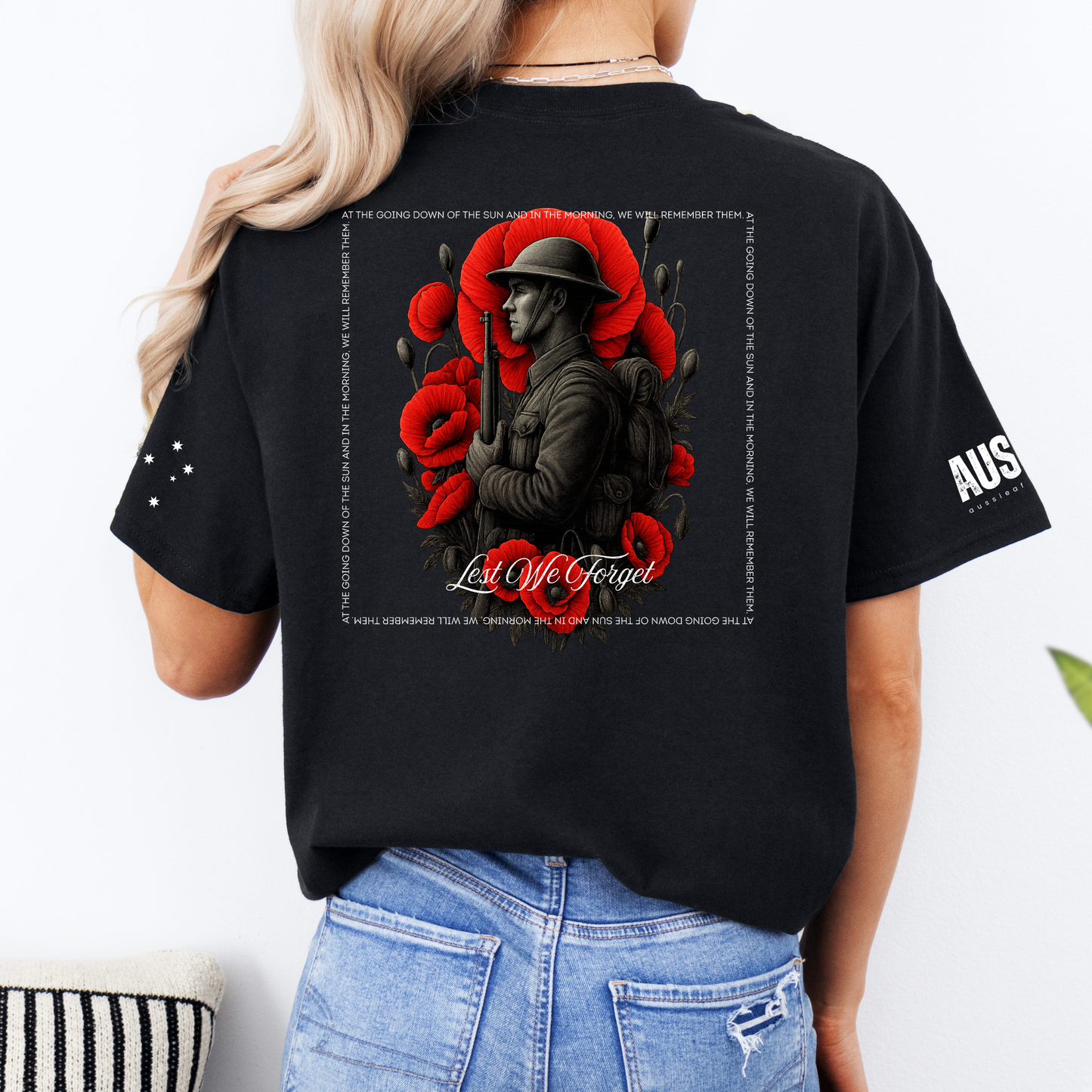 At The Going Down of the Sun Remembrance Day ANZAC Unisex BACK & Sleeve Printing