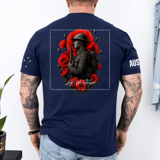 At The Going Down of the Sun Remembrance Day ANZAC Unisex BACK & Sleeve Printing