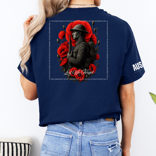 At The Going Down of the Sun Remembrance Day ANZAC Unisex BACK & Sleeve Printing