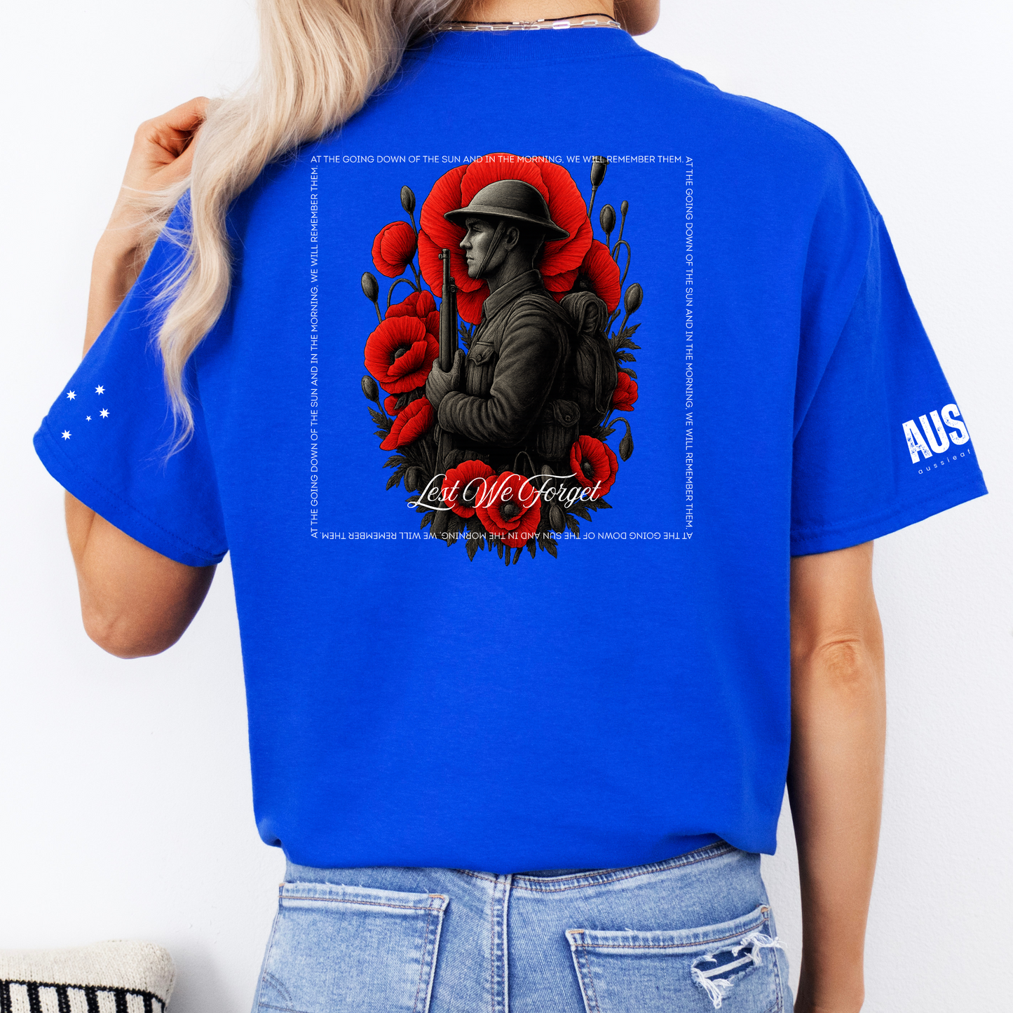 At The Going Down of the Sun Remembrance Day ANZAC Unisex BACK & Sleeve Printing