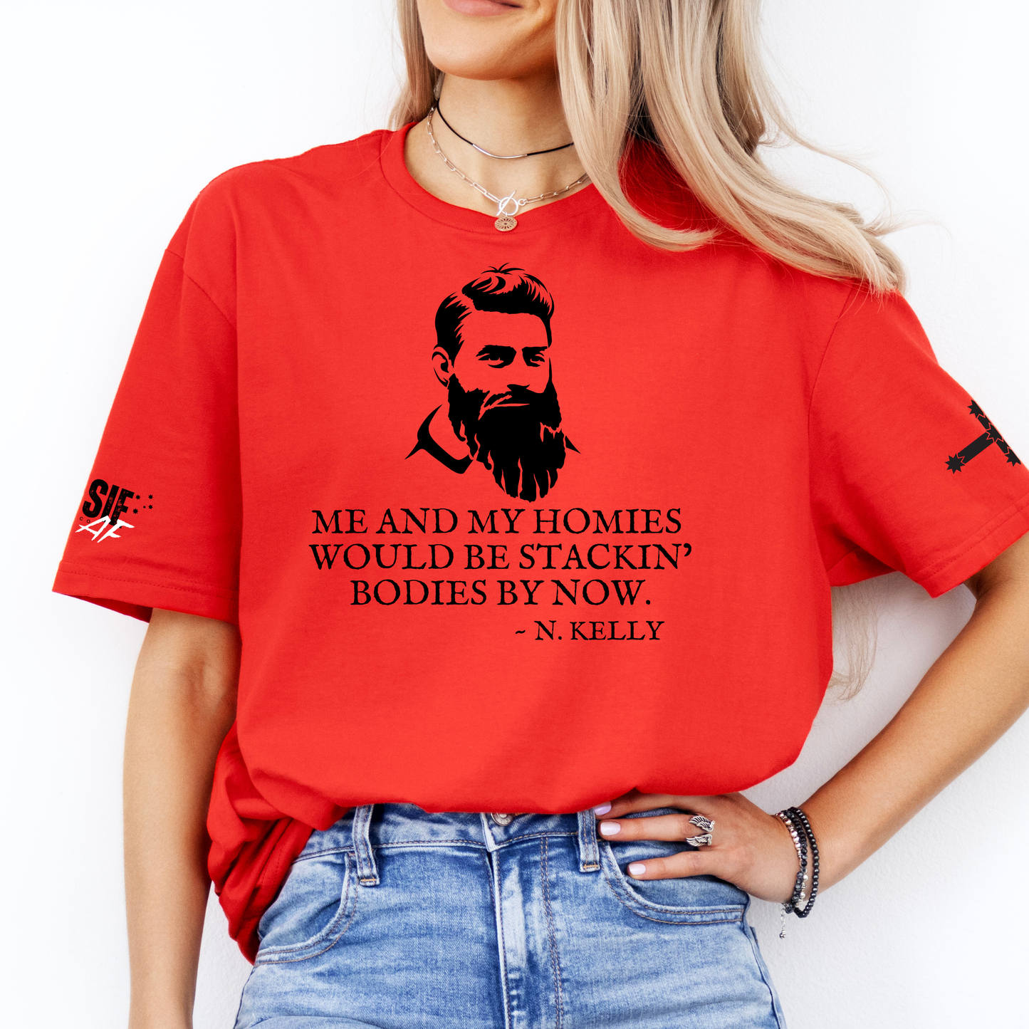 Ned Kelly Stacking Bodies Unisex FRONT & Sleeve Print Shirt