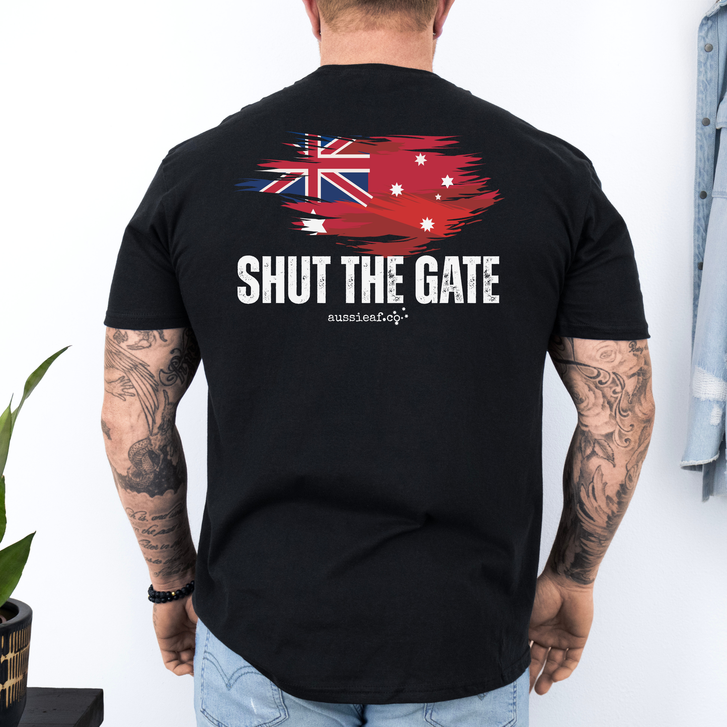 Shut The Gate Red Australian Federal Flag Unisex BACK Print Shirt