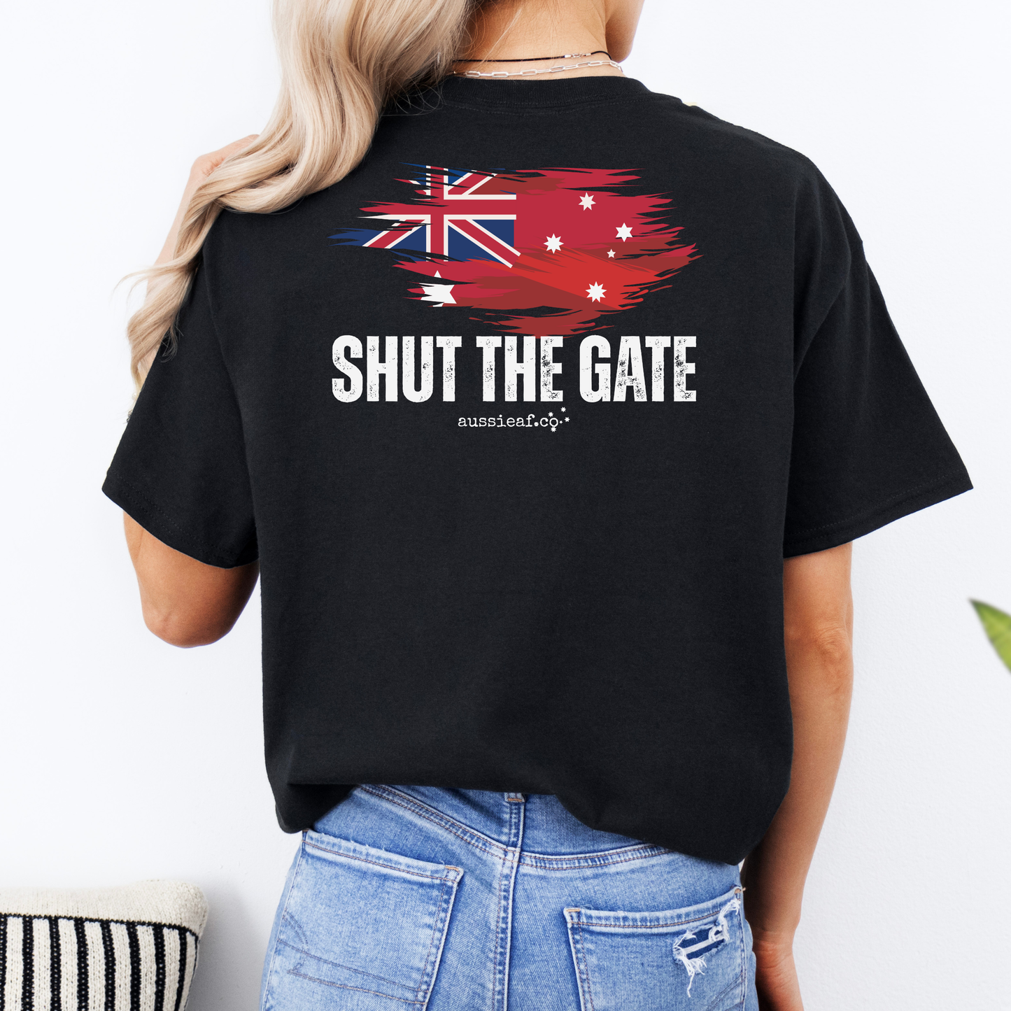 Shut The Gate Red Australian Federal Flag Unisex BACK Print Shirt