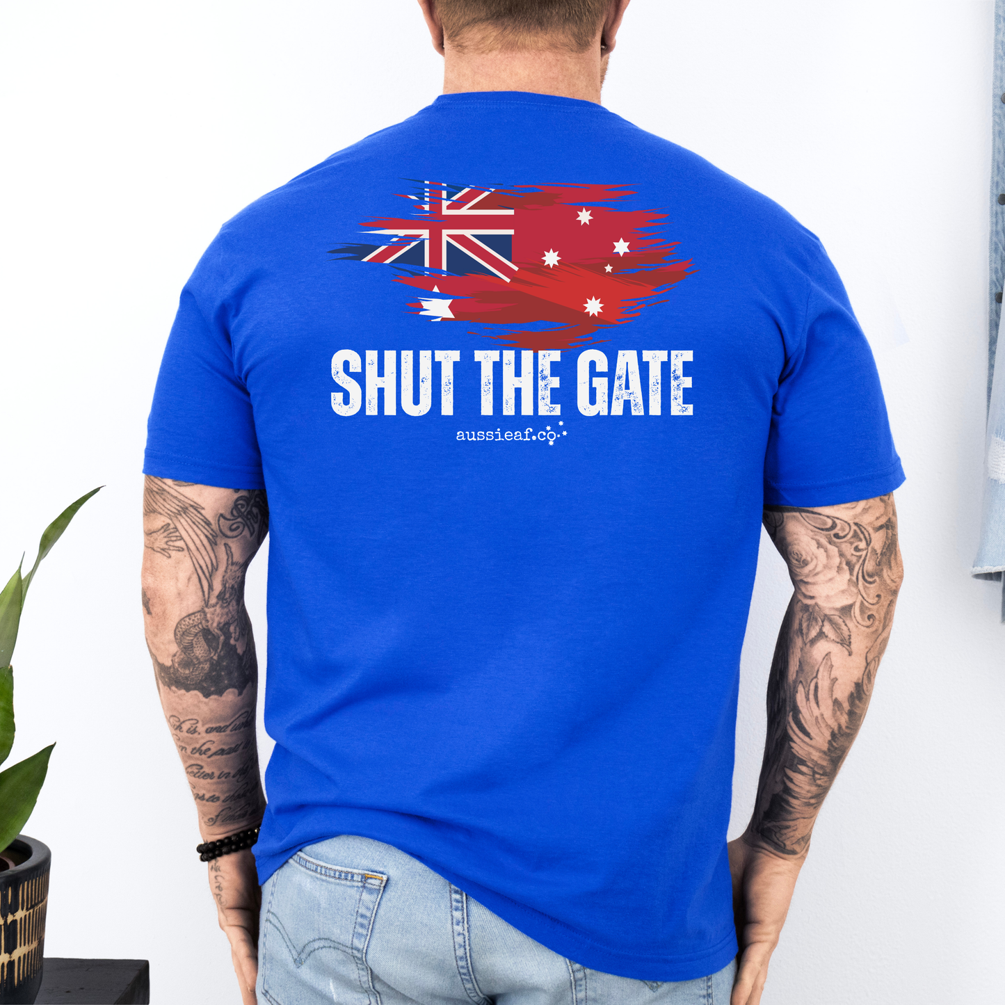 Shut The Gate Red Australian Federal Flag Unisex BACK Print Shirt