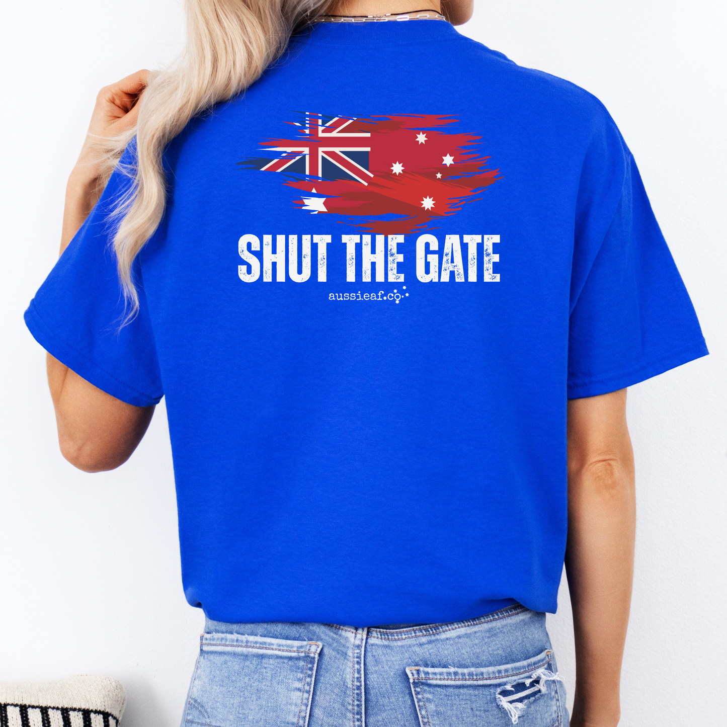 Shut The Gate Red Australian Federal Flag Unisex BACK Print Shirt