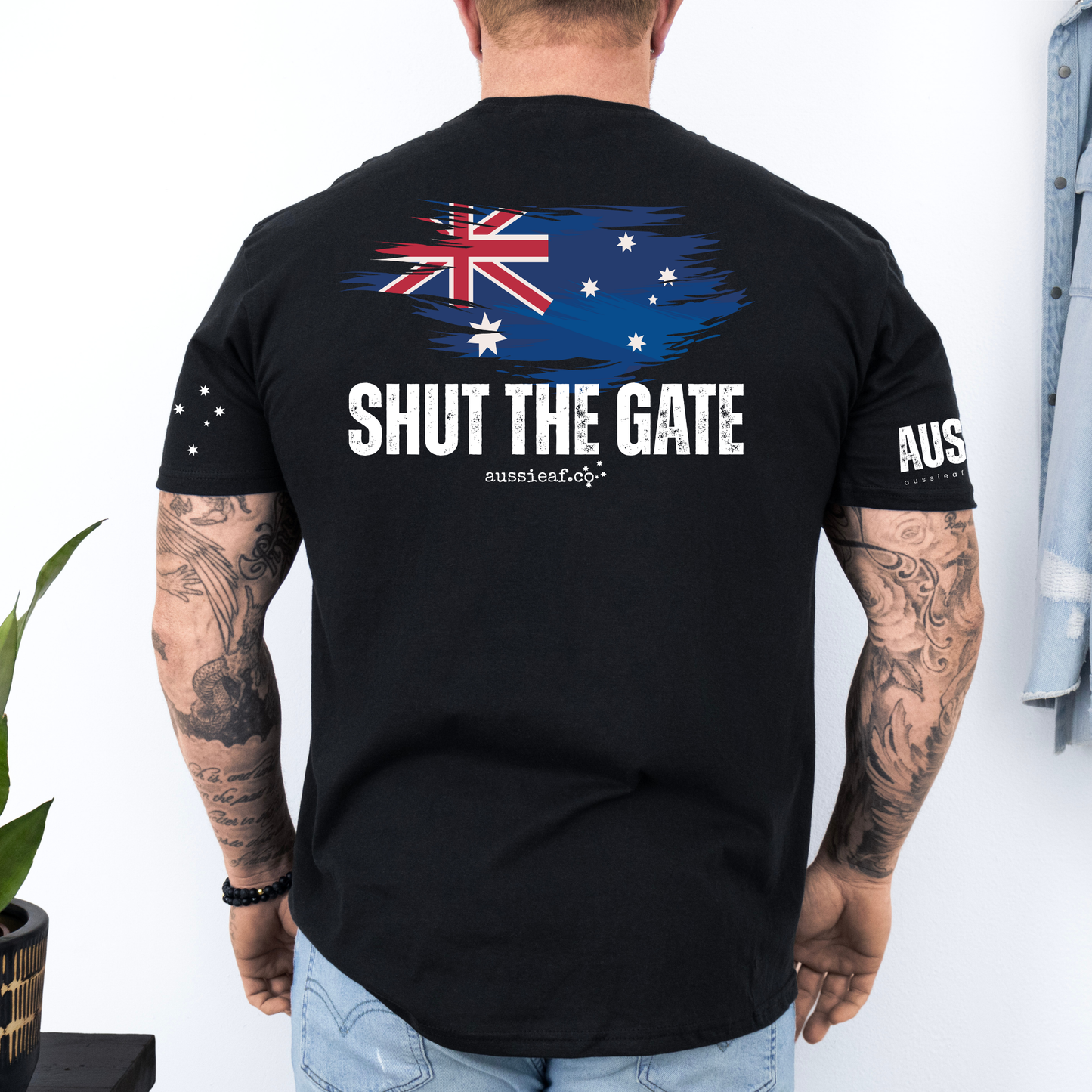 Shut the Gate Australian Flag Unisex BACK & Sleeve Printing
