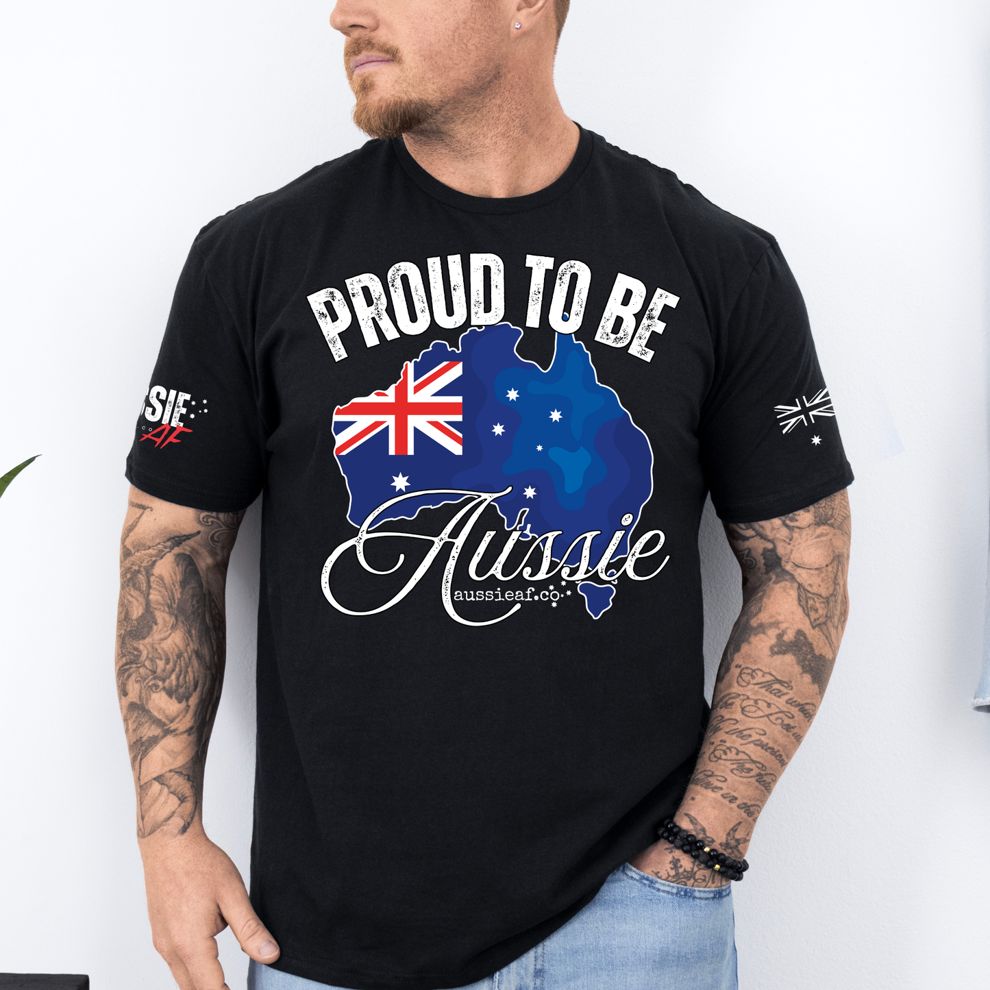 Proud to Be Aussie Australian Flag Unisex T-Shirt with Sleeve Printing