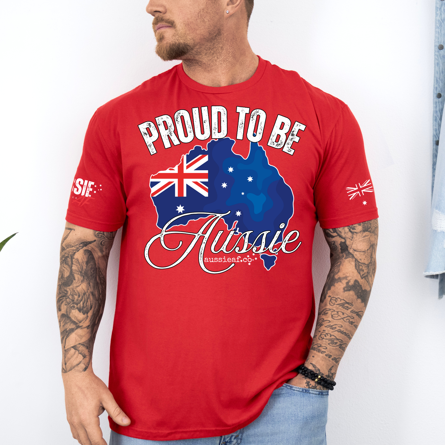 Proud to Be Aussie Australian Flag Unisex T-Shirt with Sleeve Printing