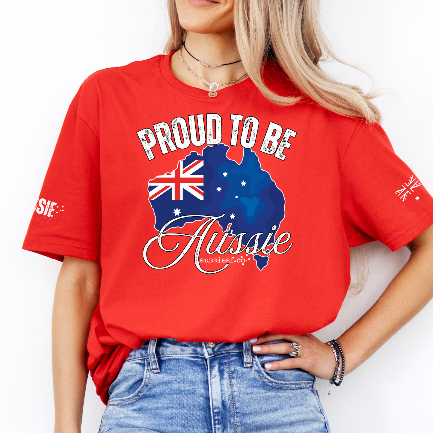 Proud to Be Aussie Australian Flag Unisex T-Shirt with Sleeve Printing