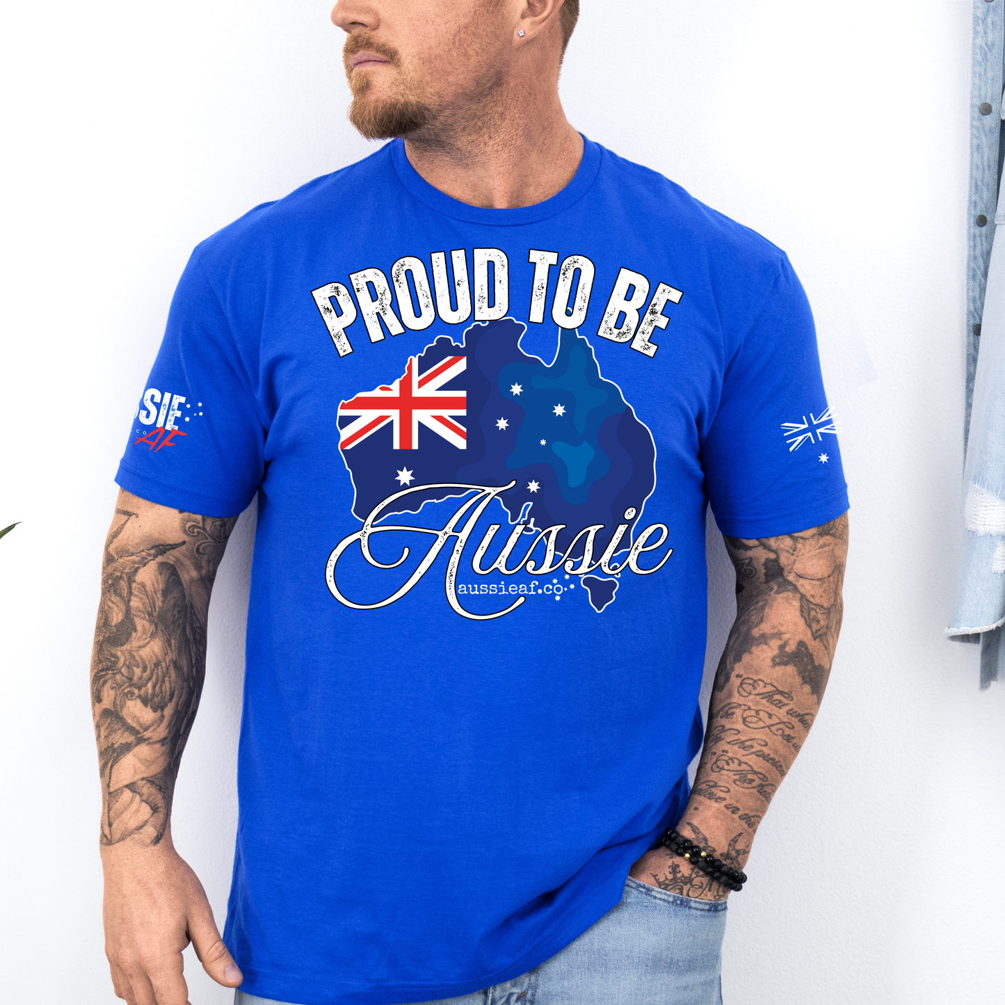 Proud to Be Aussie Australian Flag Unisex T-Shirt with Sleeve Printing