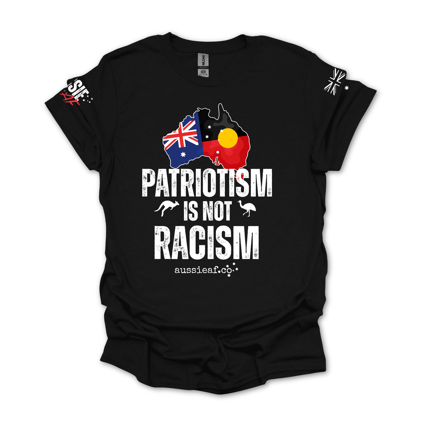 Patriotism is Not Racism Aboriginal/Australian Flag Unisex T-Shirt with Sleeve Printing