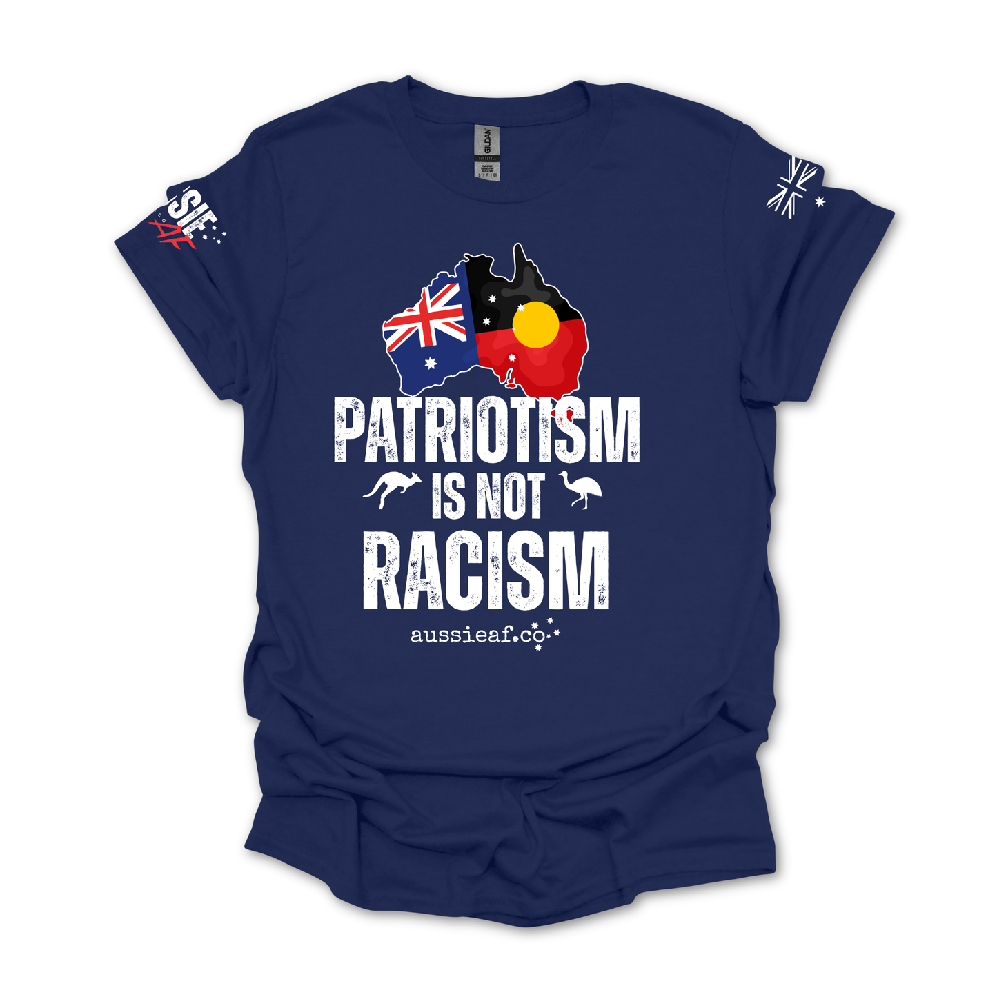 Patriotism is Not Racism Aboriginal/Australian Flag Unisex T-Shirt with Sleeve Printing