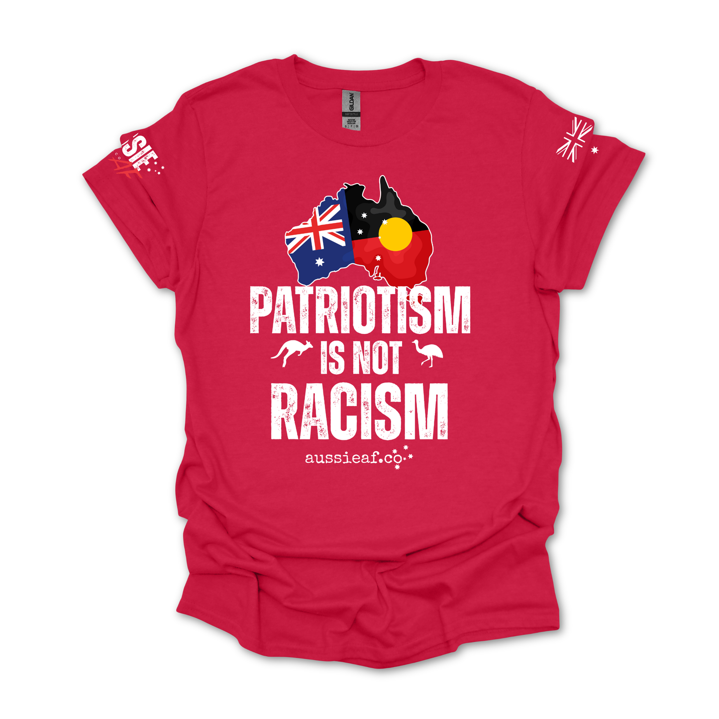 Patriotism is Not Racism Aboriginal/Australian Flag Unisex T-Shirt with Sleeve Printing