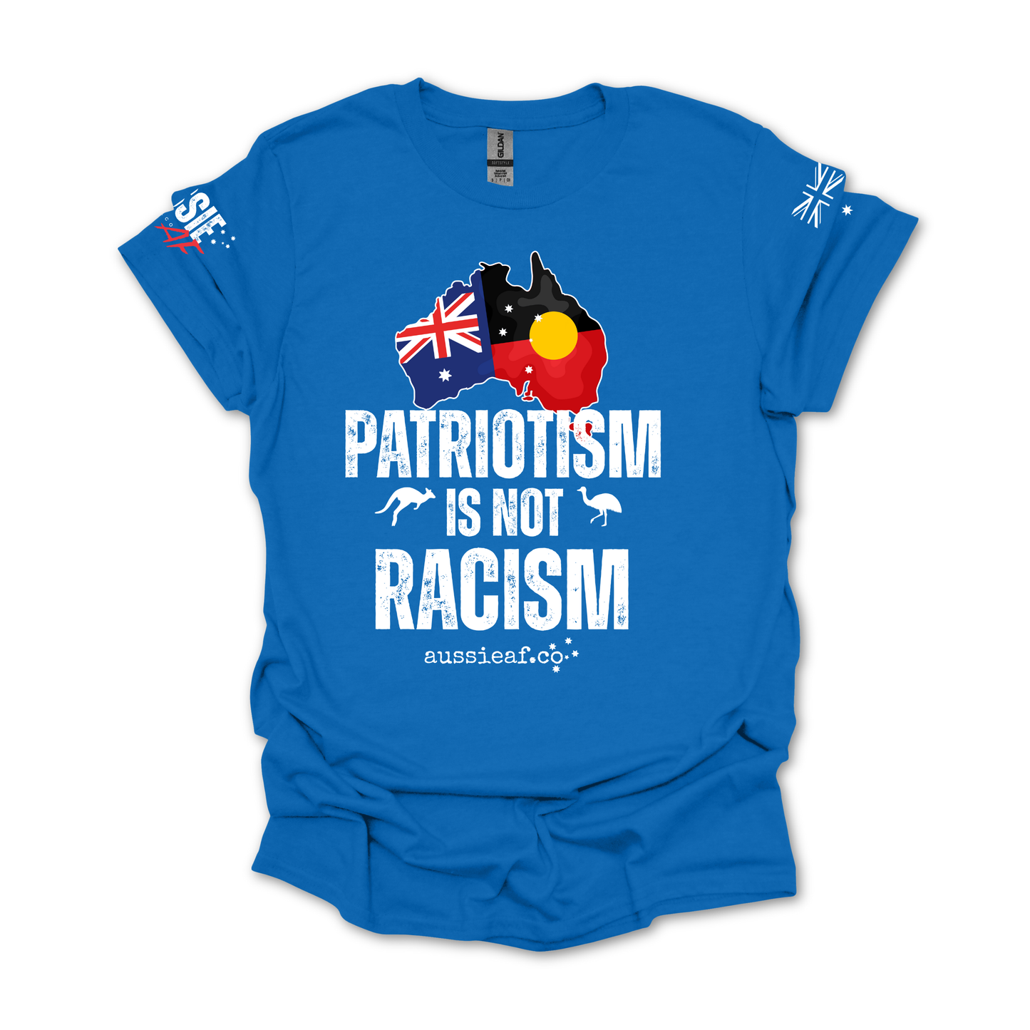 Patriotism is Not Racism Aboriginal/Australian Flag Unisex T-Shirt with Sleeve Printing