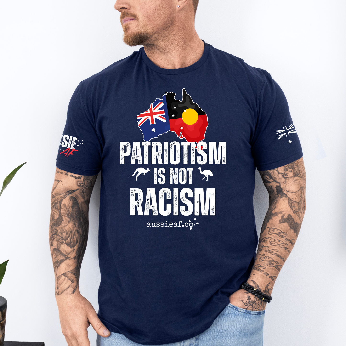 Patriotism is Not Racism Aboriginal/Australian Flag Unisex T-Shirt with Sleeve Printing