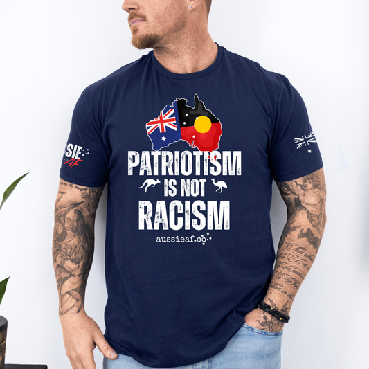 Patriotism is Not Racism Aboriginal/Australian Flag Unisex T-Shirt with Sleeve Printing