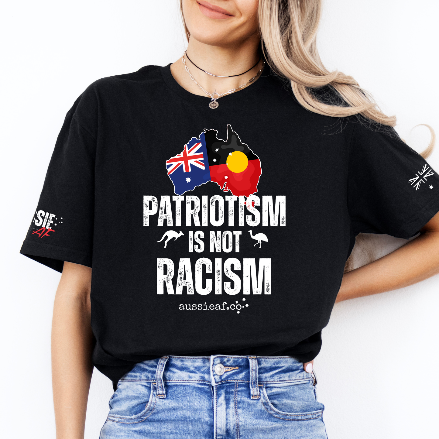 Patriotism is Not Racism Aboriginal/Australian Flag Unisex T-Shirt with Sleeve Printing