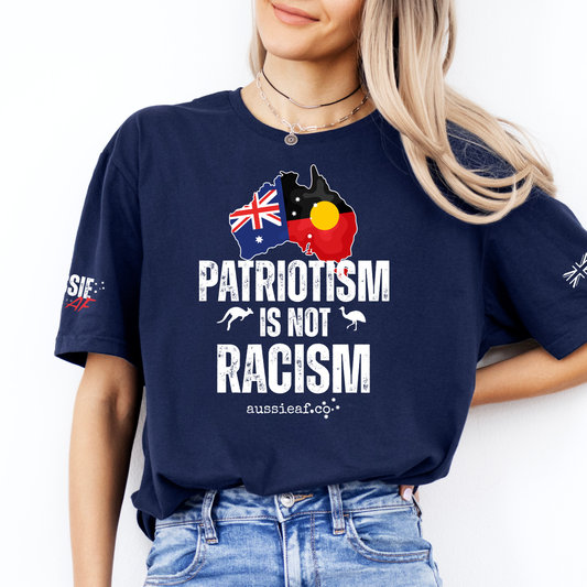 Patriotism is Not Racism Aboriginal/Australian Flag Unisex T-Shirt with Sleeve Printing