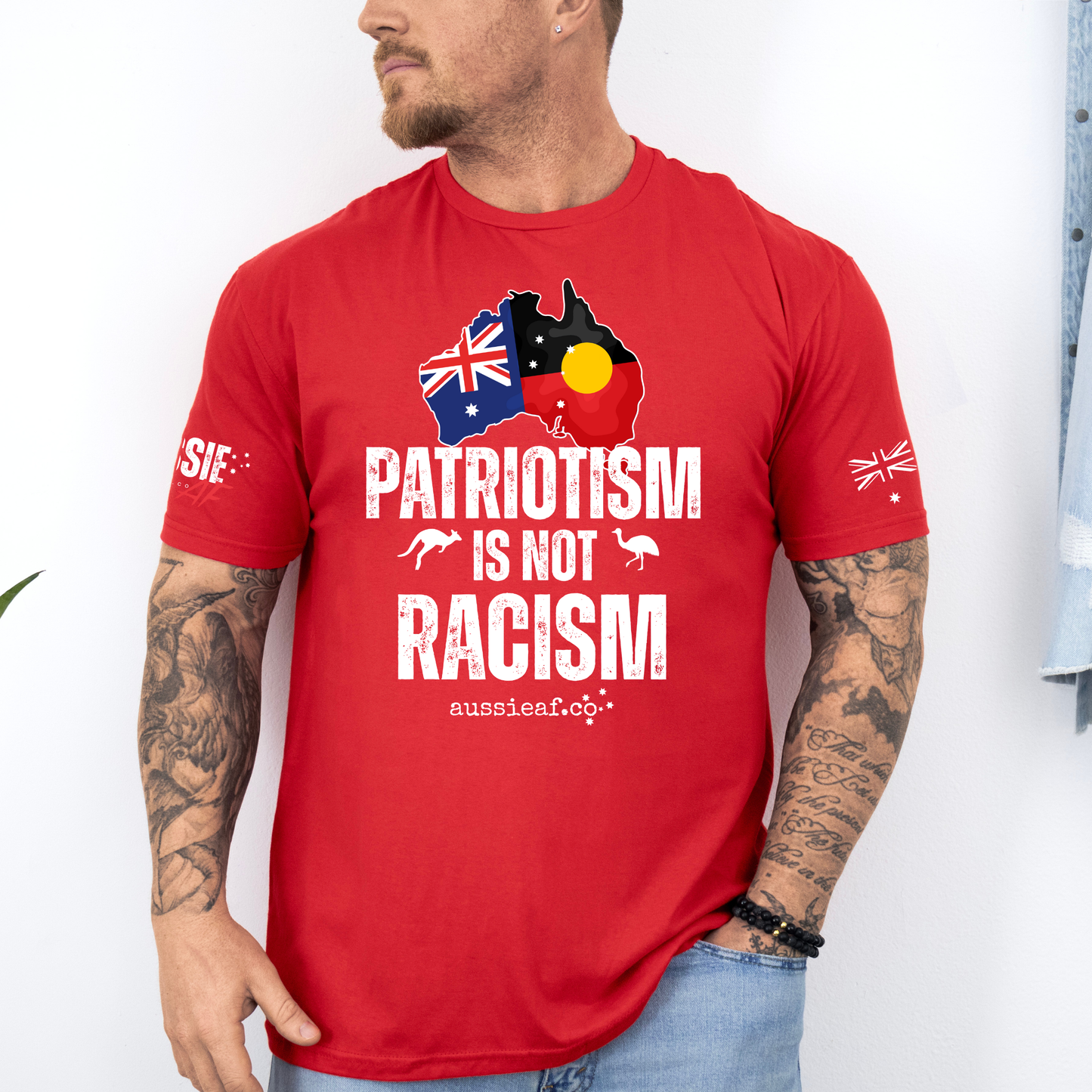 Patriotism is Not Racism Aboriginal/Australian Flag Unisex T-Shirt with Sleeve Printing