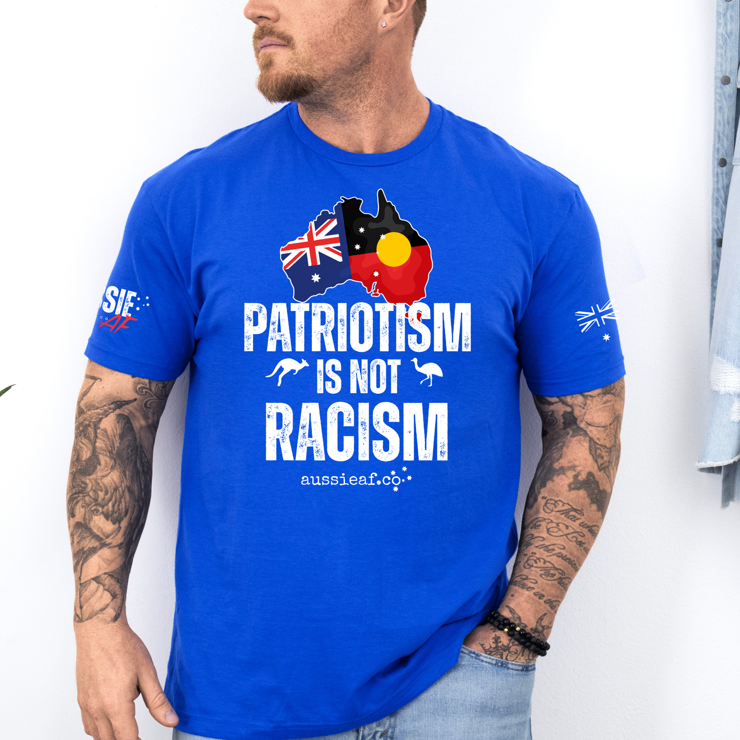 Patriotism is Not Racism Aboriginal/Australian Flag Unisex T-Shirt with Sleeve Printing