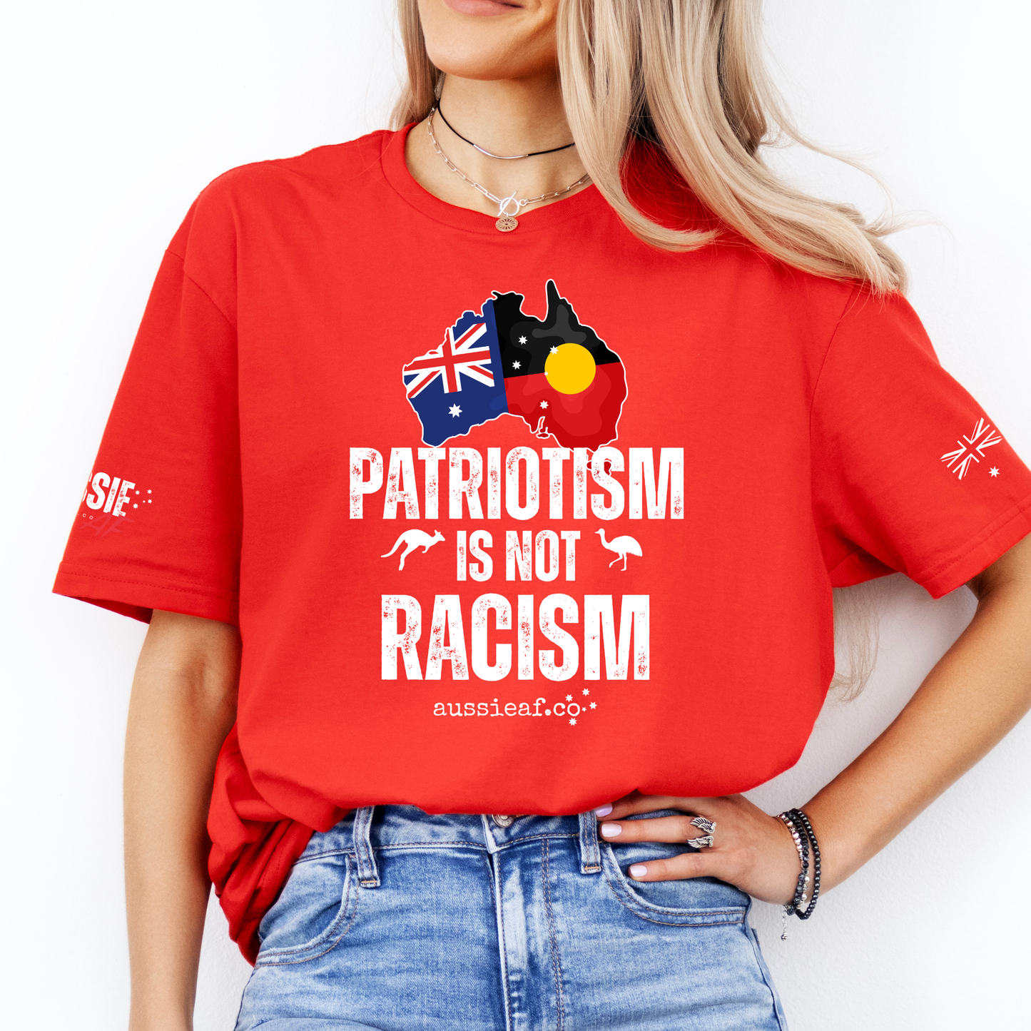 Patriotism is Not Racism Aboriginal/Australian Flag Unisex T-Shirt with Sleeve Printing