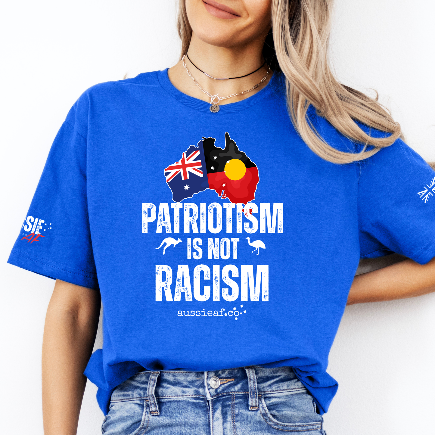 Patriotism is Not Racism Aboriginal/Australian Flag Unisex T-Shirt with Sleeve Printing