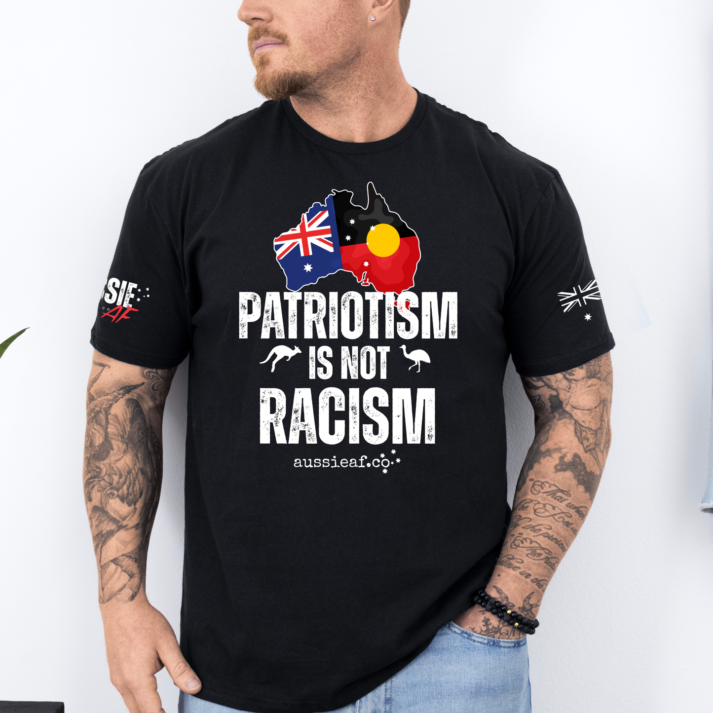 Patriotism is Not Racism Aboriginal/Australian Flag Unisex T-Shirt with Sleeve Printing