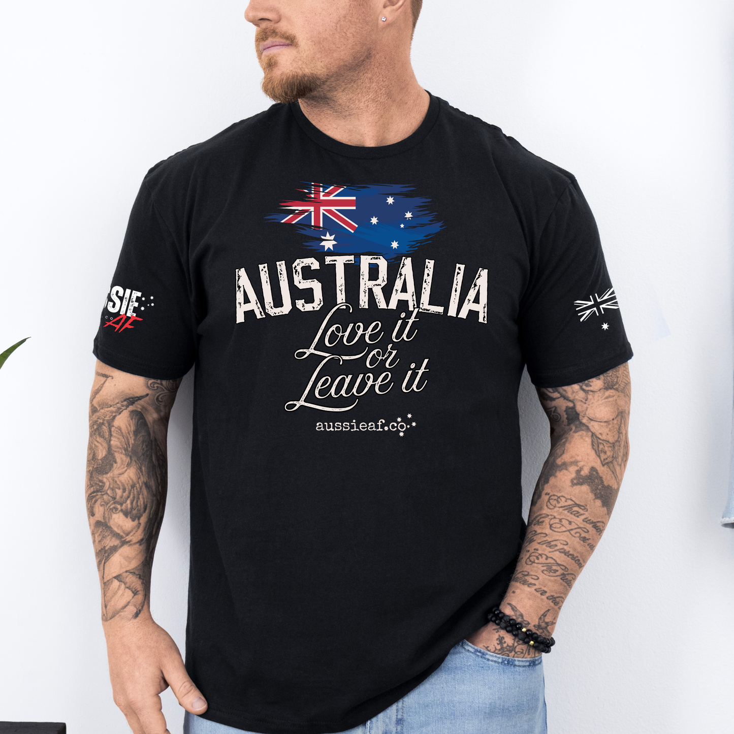 Australia, Love it or Leave it - Australian Flag Unisex T-Shirt with Sleeve Printing