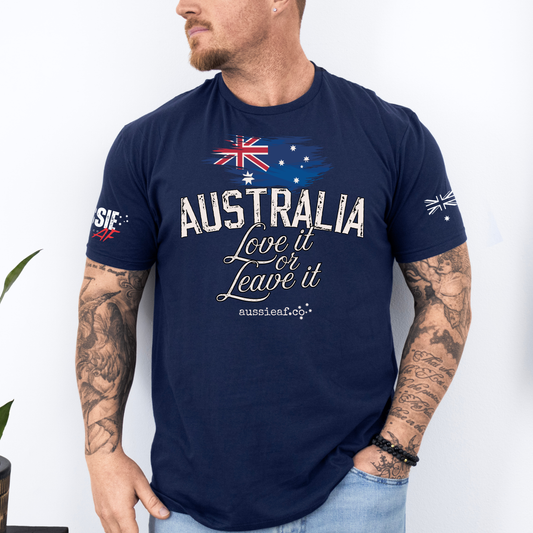 Australia, Love it or Leave it - Australian Flag Unisex T-Shirt with Sleeve Printing