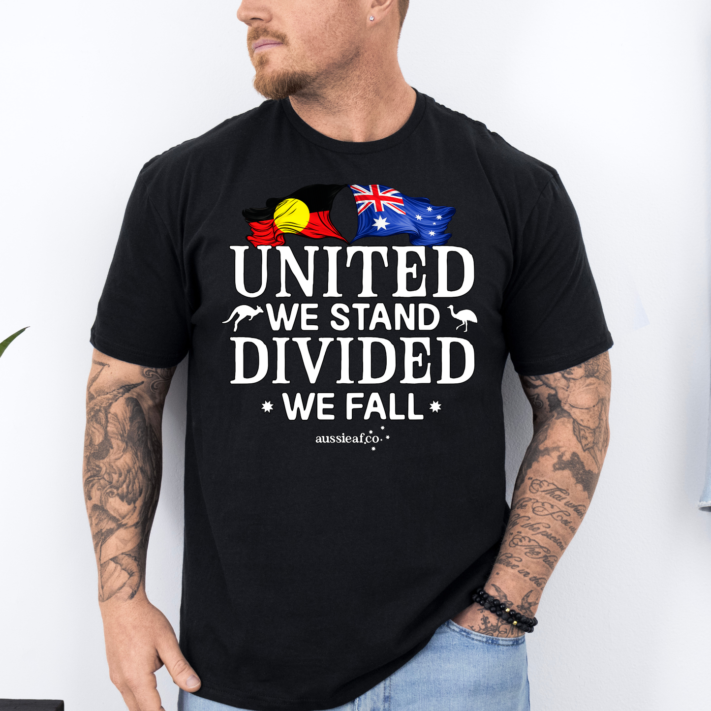 United We Stand, Divided We Fall Aboriginal/Australian Flags Unisex FRONT Print Shirt