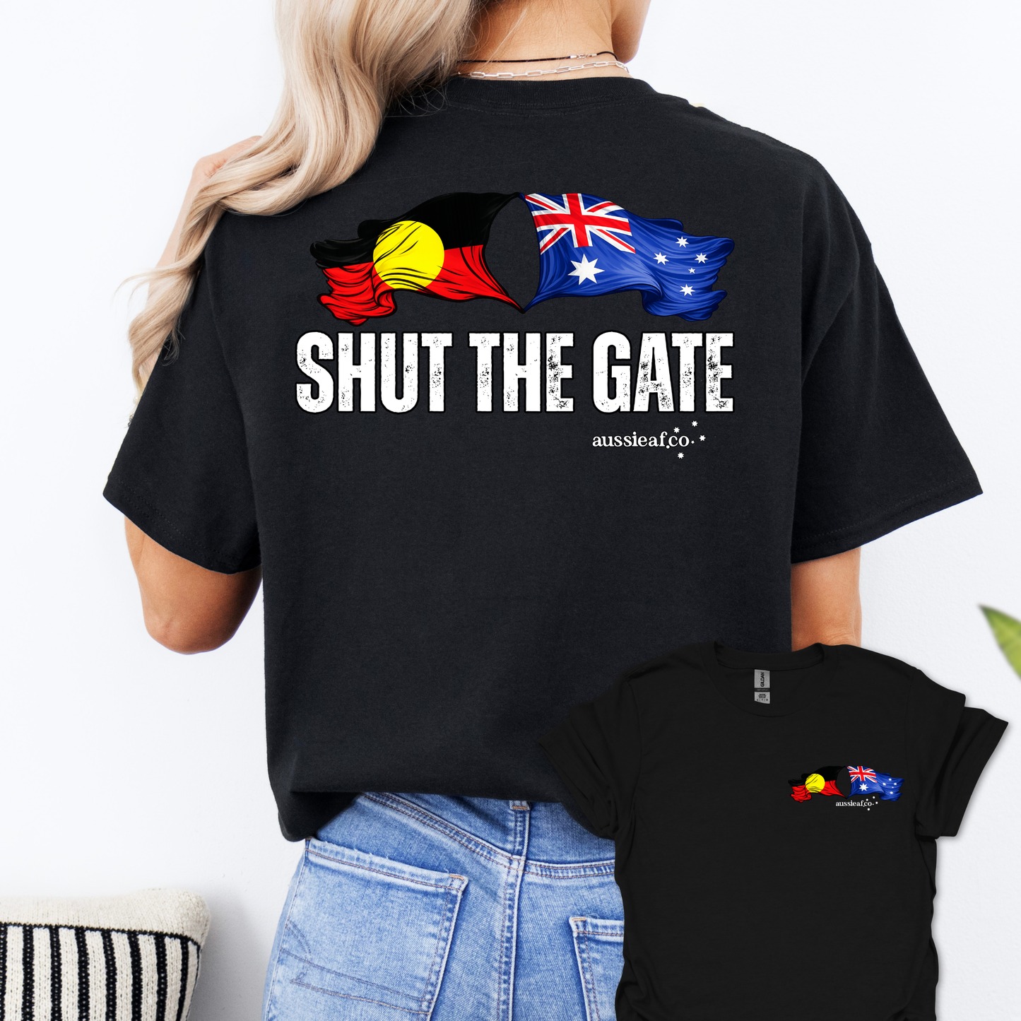 Shut the Gate Aboriginal/Australian Flags Unisex Back & Front Print Shirt