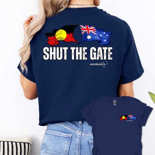 Shut the Gate Aboriginal/Australian Flags Unisex Back & Front Print Shirt