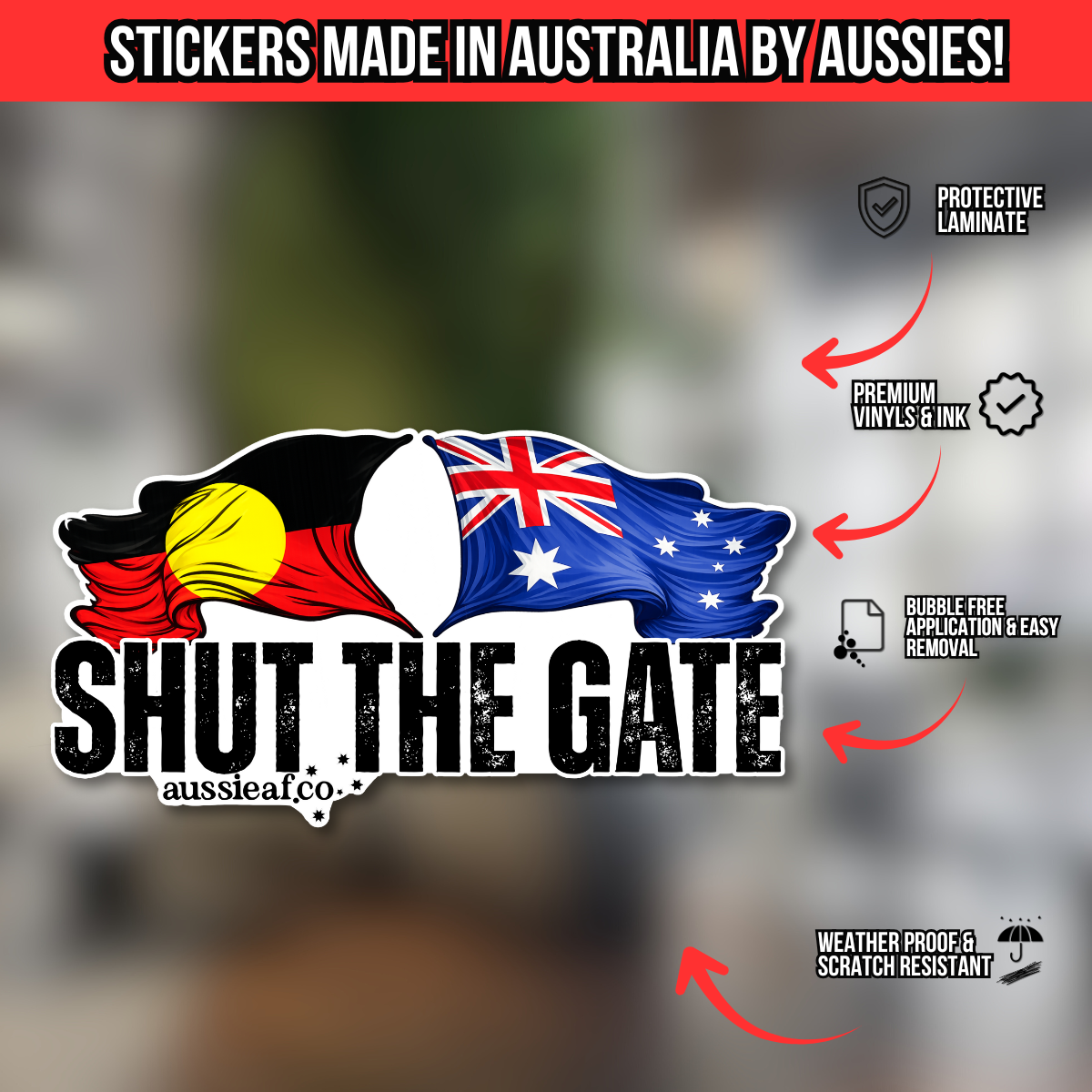 Shut the Gate Australian/Aboriginal Flag UV Vinyl Bumper Sticker [Limited Edition]