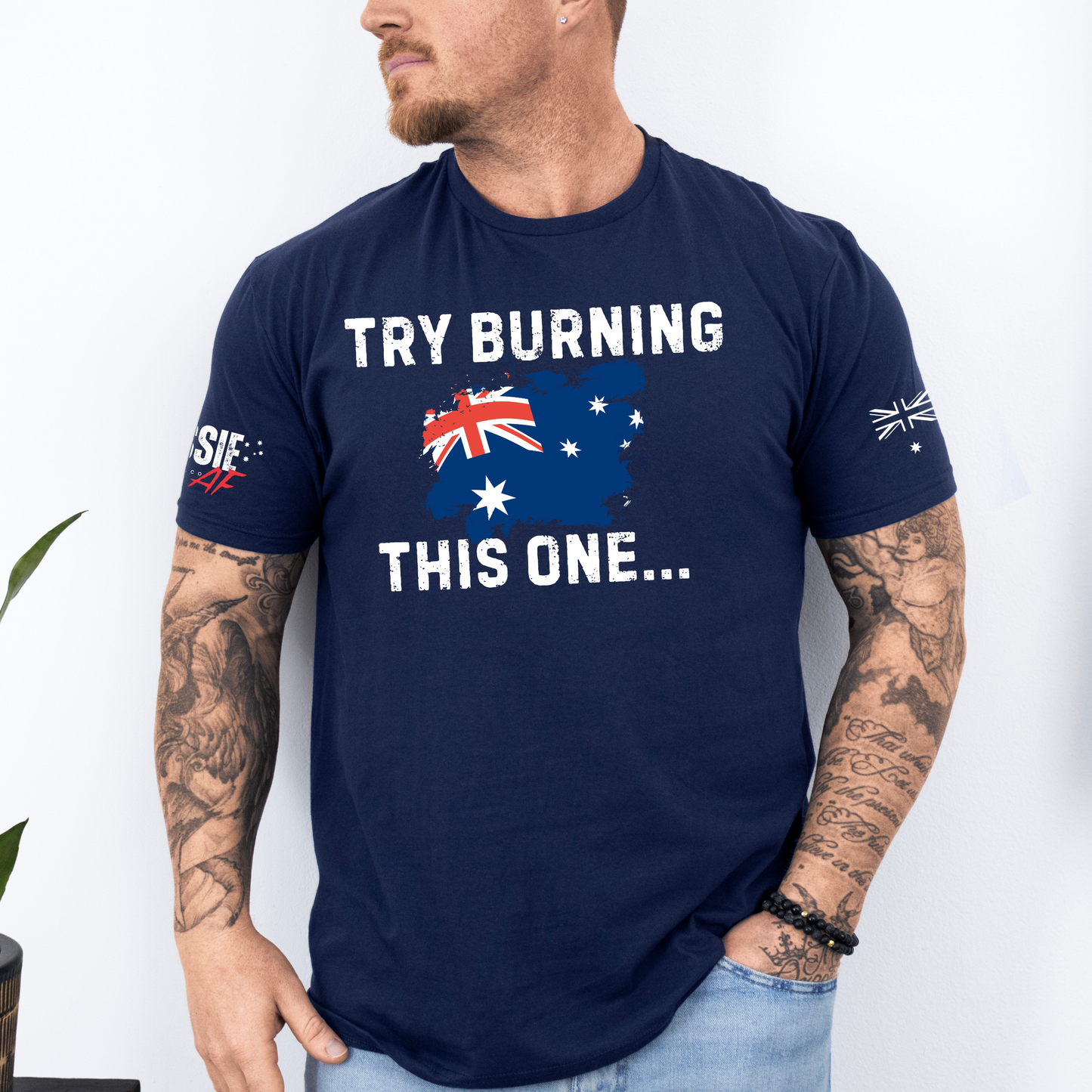 Try Burning This One Aussie Flag T-Shirt with Sleeve Printing