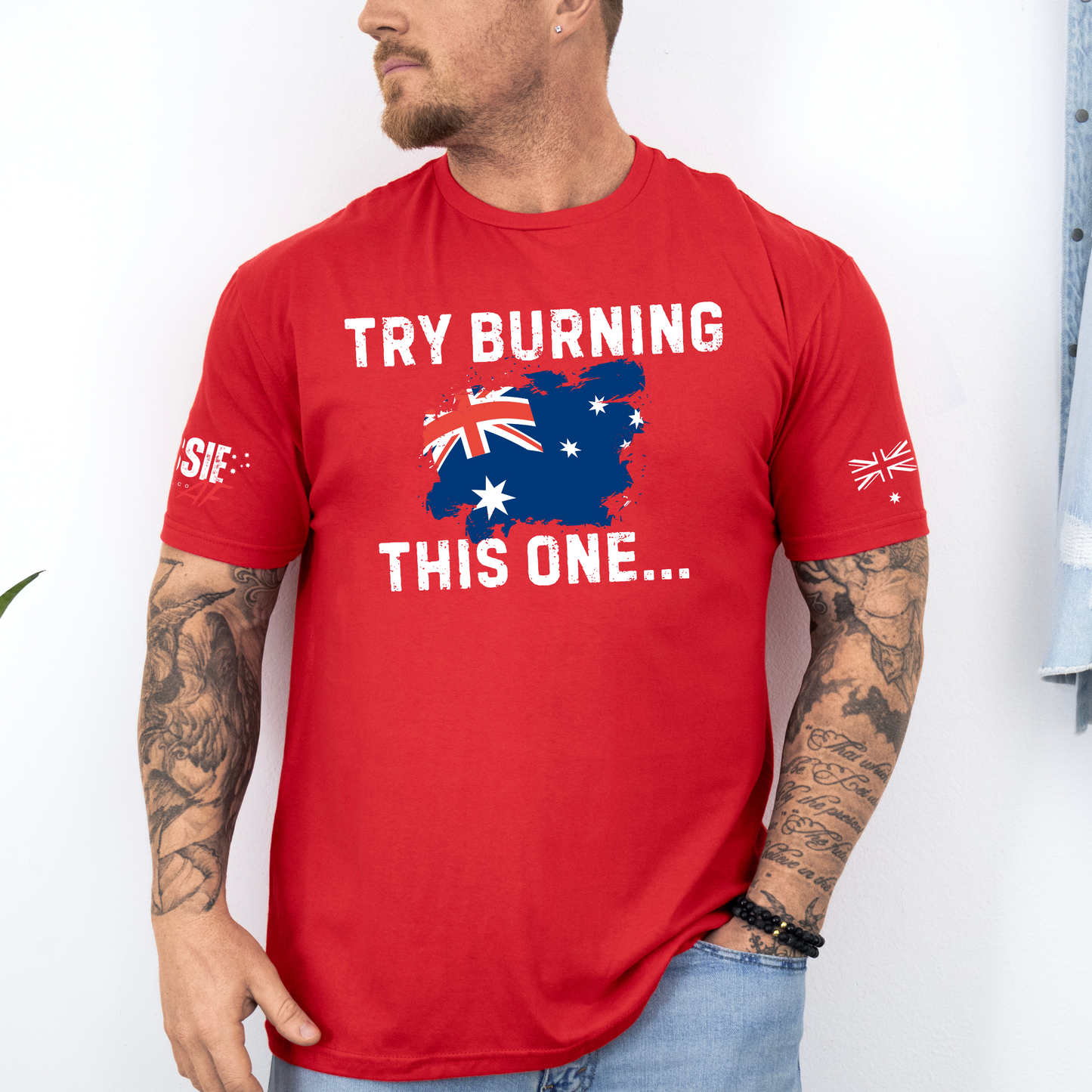 Try Burning This One Aussie Flag T-Shirt with Sleeve Printing