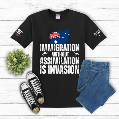 Immigration without Assimilation is Invasion Aussie Flag T-Shirt with Sleeve Printing