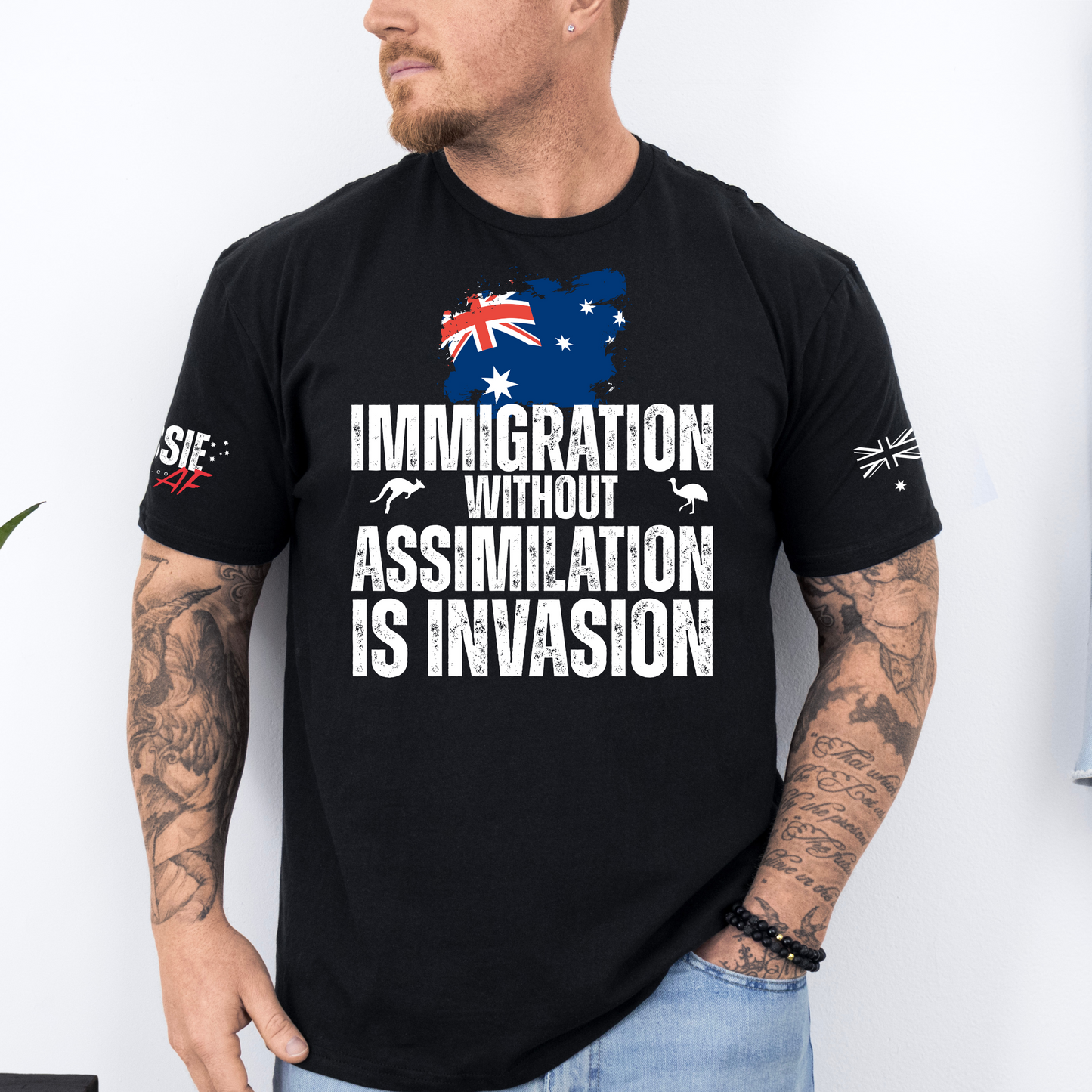 Immigration without Assimilation is Invasion Aussie Flag T-Shirt with Sleeve Printing