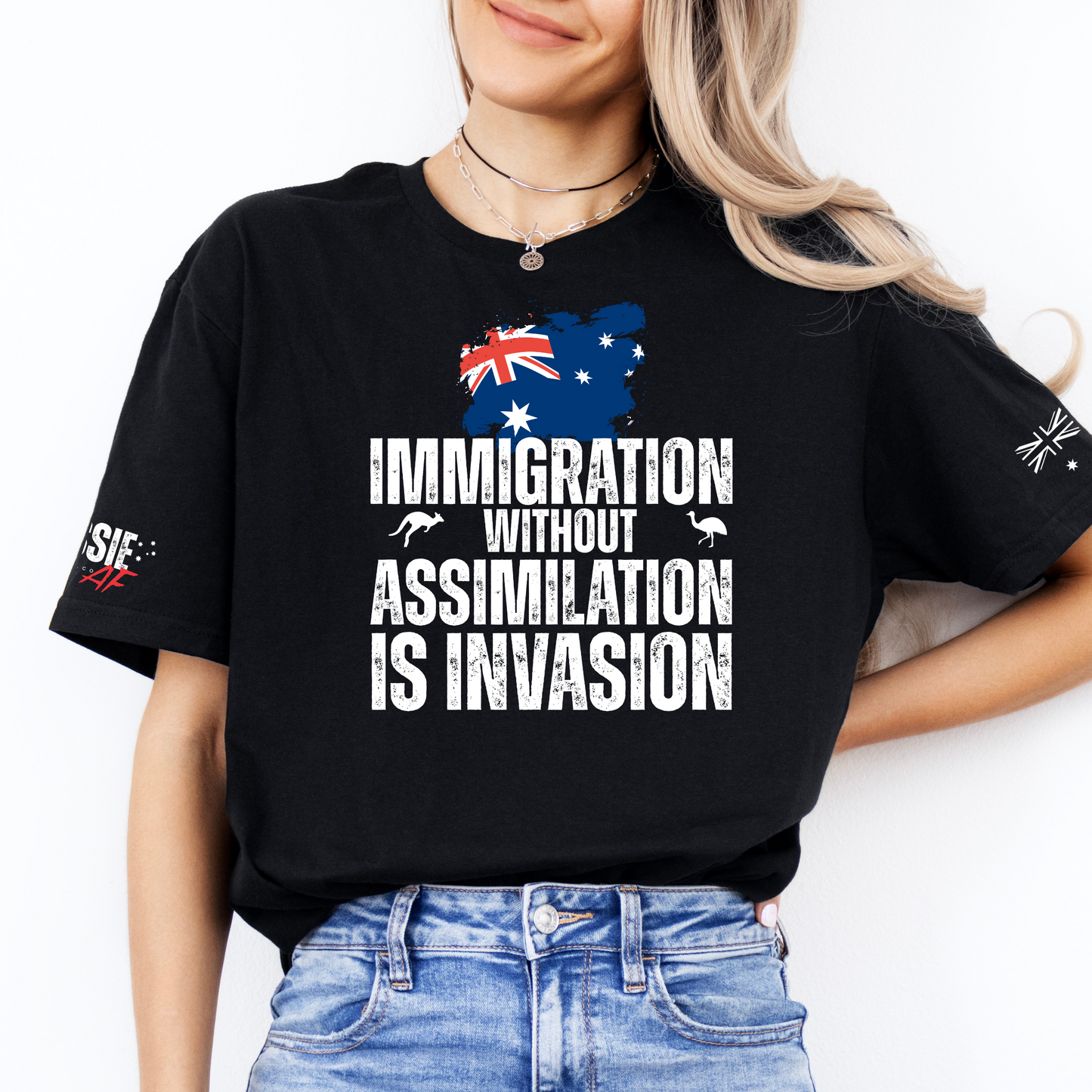 Immigration without Assimilation is Invasion Aussie Flag T-Shirt with Sleeve Printing