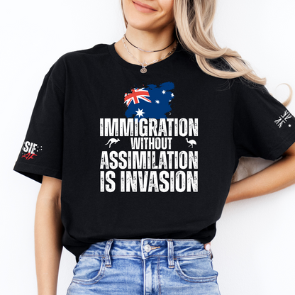 Immigration without Assimilation is Invasion Aussie Flag T-Shirt with Sleeve Printing