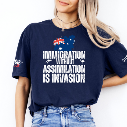 Immigration without Assimilation is Invasion Aussie Flag T-Shirt with Sleeve Printing