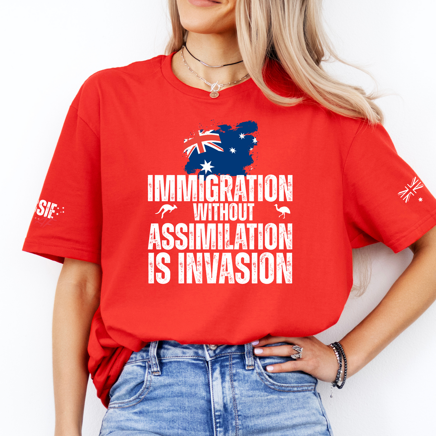 Immigration without Assimilation is Invasion Aussie Flag T-Shirt with Sleeve Printing
