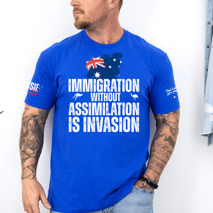 Immigration without Assimilation is Invasion Aussie Flag T-Shirt with Sleeve Printing